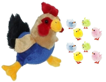 Decoris Pluche kippen/hanen knuffel van 20 cm met 8x stuks mini gekleurde kuikentjes 3 cm - Feestdecoratievoorwerp
