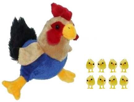 Decoris Pluche kippen/hanen knuffel van 20 cm met 8x stuks mini kuikentjes 3 cm - Feestdecoratievoorwerp