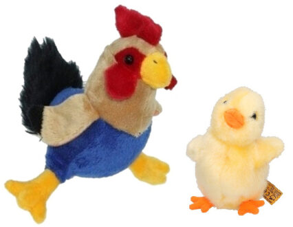 Decoris Pluche kippen/hanen knuffel van 20 cm met geel pluche kuiken 12 cm