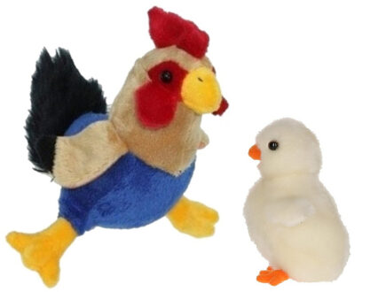 Decoris Pluche kippen/hanen knuffel van 20 cm met wit pluche kuiken 12 cm