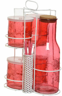 Decoris Rode karaf/sapkan/schenkkan 1 liter met 4 drinkglazen met deksel en rietje