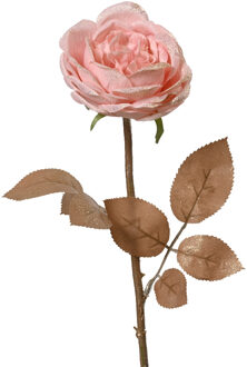 Decoris Roos op steel met glitters roze H57cm