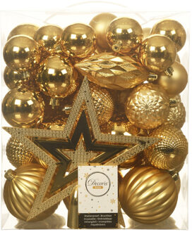 Decoris Set 66x stuks kunststof kerstballen met ster piek goud