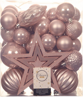 Decoris Set 66x stuks kunststof kerstballen met ster piek lichtroze