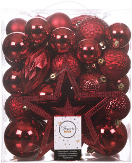 Decoris Set 66x stuks kunststof kerstballen met ster piek rood - Kerstbal