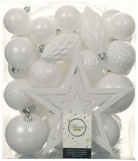 Decoris Set 66x stuks kunststof kerstballen met ster piek wit
