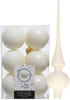 Decoris Set van 12x stuks kunststof kerstballen 6 cm en glazen piek wol wit