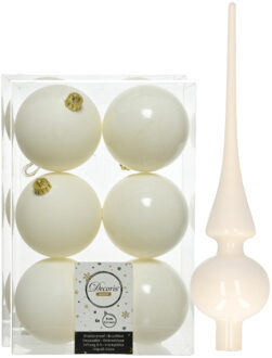 Decoris Set van 12x stuks kunststof kerstballen 8 cm en glazen piek wol wit - Kerstbal