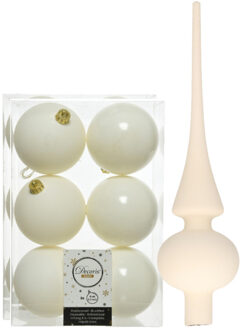 Decoris Set van 12x stuks kunststof kerstballen 8 cm en glazen piek wol wit - Kerstbal