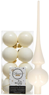 Decoris Set van 16x stuks kunststof kerstballen 4 cm en glazen piek wol wit - Kerstbal