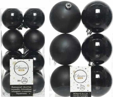 Decoris Set van 16x zwarte kerstballen 4 cm en 6x kerstballen 8 cm kunststof mat/kunststof mat/glans