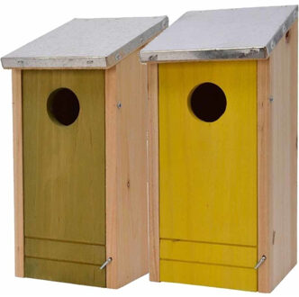 Decoris Set van 2 houten vogelhuisje/nestkastje 26 cm geel/groen