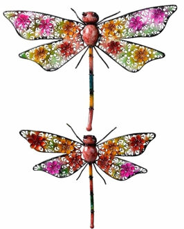 Decoris Set van 2 metalen libelles gekleurd 33 en 47 cm tuin decoratie