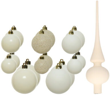 Decoris Set van 26x stuks kunststof kerstballen en glazen piek wol wit - Kerstbal