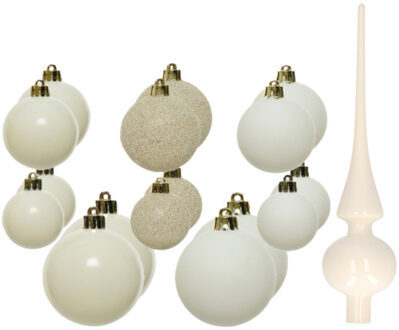 Decoris Set van 26x stuks kunststof kerstballen en glazen piek wol wit