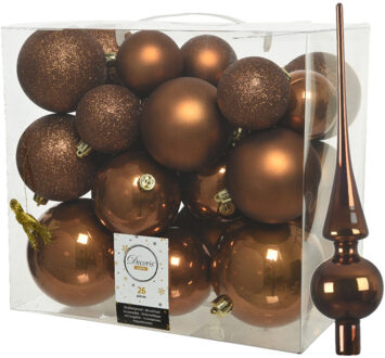 Decoris Set van 26x stuks kunststof kerstballen incl. glazen piek glans kaneel bruin