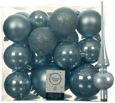 Decoris Set van 26x stuks kunststof kerstballen incl. glazen piek glans lichtblauw