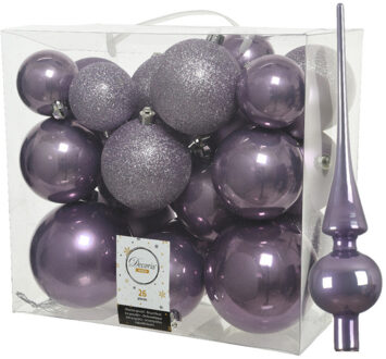 Decoris Set van 26x stuks kunststof kerstballen incl. glazen piek glans lila paars - Kerstbal