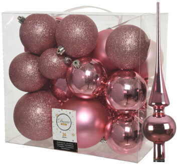 Decoris Set van 26x stuks kunststof kerstballen incl. glazen piek glans lippenstift roze - Kerstbal