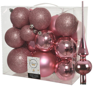 Decoris Set van 26x stuks kunststof kerstballen incl. glazen piek glans lippenstift roze