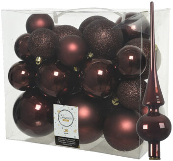 Decoris Set van 26x stuks kunststof kerstballen incl. glazen piek glans mahonie bruin - Kerstbal