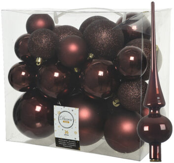 Decoris Set van 26x stuks kunststof kerstballen incl. glazen piek glans mahonie bruin