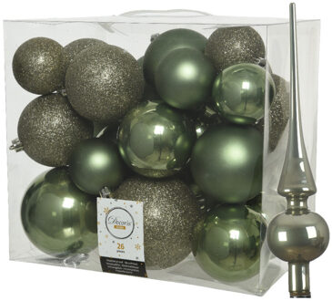 Decoris Set van 26x stuks kunststof kerstballen incl. glazen piek glans mosgroen