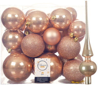 Decoris Set van 26x stuks kunststof kerstballen incl. glazen piek glans toffee bruin - Kerstbal