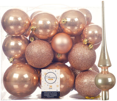 Decoris Set van 26x stuks kunststof kerstballen incl. glazen piek glans toffee bruin