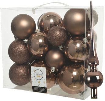 Decoris Set van 26x stuks kunststof kerstballen incl. glazen piek glans walnoot bruin - Kerstbal