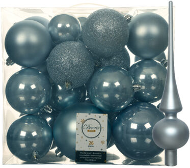 Decoris Set van 26x stuks kunststof kerstballen incl. glazen piek mat lichtblauw