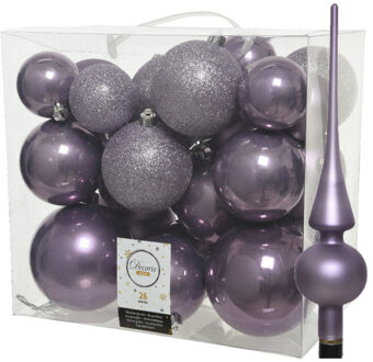 Decoris Set van 26x stuks kunststof kerstballen incl. glazen piek mat lila paars - Kerstbal