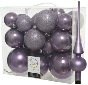 Decoris Set van 26x stuks kunststof kerstballen incl. glazen piek mat lila paars
