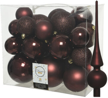 Decoris Set van 26x stuks kunststof kerstballen incl. glazen piek mat mahonie bruin - Kerstbal