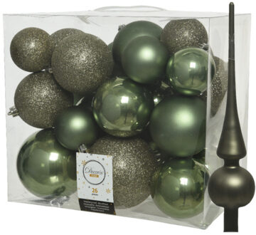 Decoris Set van 26x stuks kunststof kerstballen incl. glazen piek mat mosgroen