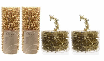 Decoris Set van 2x gouden kralenslingers kerstslingers 10 meter en 2x Kerstboom sterren folie slingers goud