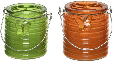 Decoris Set van 2x stuks citronella anti muggen kaarsen windlicht groen en oranje 20 branduren - geurkaarsen Multikleur