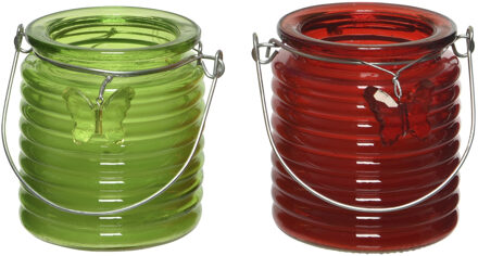 Decoris Set van 2x stuks citronella anti muggen kaarsen windlicht groen en rood 20 branduren - geurkaarsen Multikleur