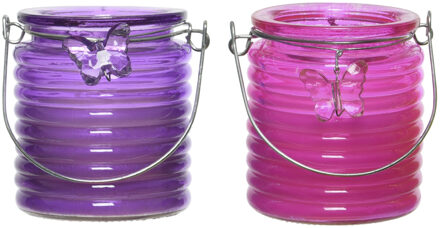 Decoris Set van 2x stuks citronella anti muggen kaarsen windlicht paars en roze 20 branduren - geurkaarsen Multikleur