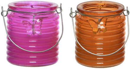 Decoris Set van 2x stuks citronella anti muggen kaarsen windlicht roze en oranje 20 branduren - geurkaarsen Multikleur