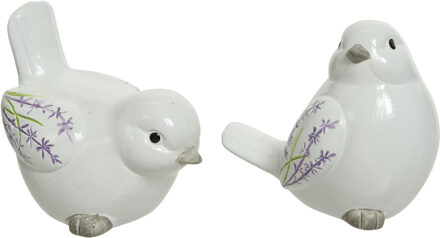 Decoris Set van 2x stuks decoratie dieren beelden vogels wit met lavendel bloemen 9 cm - Tuinbeelden