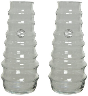 Decoris Set van 2x stuks handgemaakte vazen/bloemenvazen ribbel 3,5 liter van glas 13 x 30 cm - Vazen Transparant