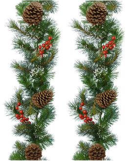 Decoris Set van 2x stuks kerst dennenslinger guirlandes groen met sneeuw en decoratie 270 cm - Guirlandes