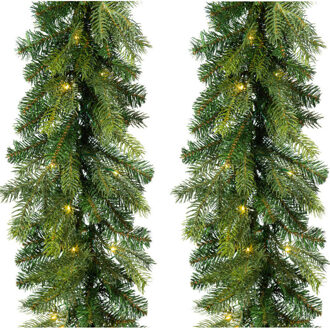 Decoris Set van 2x stuks kerst dennenslinger guirlandes groen met verlichting 20 x 270 cm twinkelend - Guirlandes