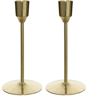 Decoris Set van 2x stuks luxe diner kaarsen staande kandelaar aluminium kleur goud 15 cm - kaars kandelaars Goudkleurig