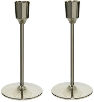 Decoris Set van 2x stuks luxe diner kaarsen staande kandelaar aluminium kleur zilver 20 cm - kaars kandelaars Zilverkleurig