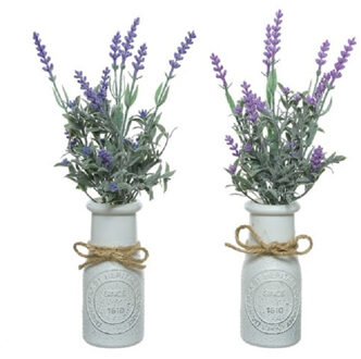 Decoris Set van 2x stuks paarse Lavendula/lavendel kunstplantjes 32 cm in witte pot - Kunstplanten