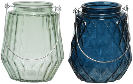 Decoris Set van 2x stuks theelichthouders/waxinelichthouders glas donkerblauw en mistgroen 11 x 13 cm