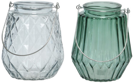Decoris Set van 2x stuks theelichthouders/waxinelichthouders glas ijsblauw en zeegroen 11 x 13 cm