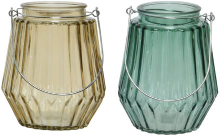 Decoris Set van 2x stuks theelichthouders/waxinelichthouders glas taupe en zeegroen 11 x 13 cm